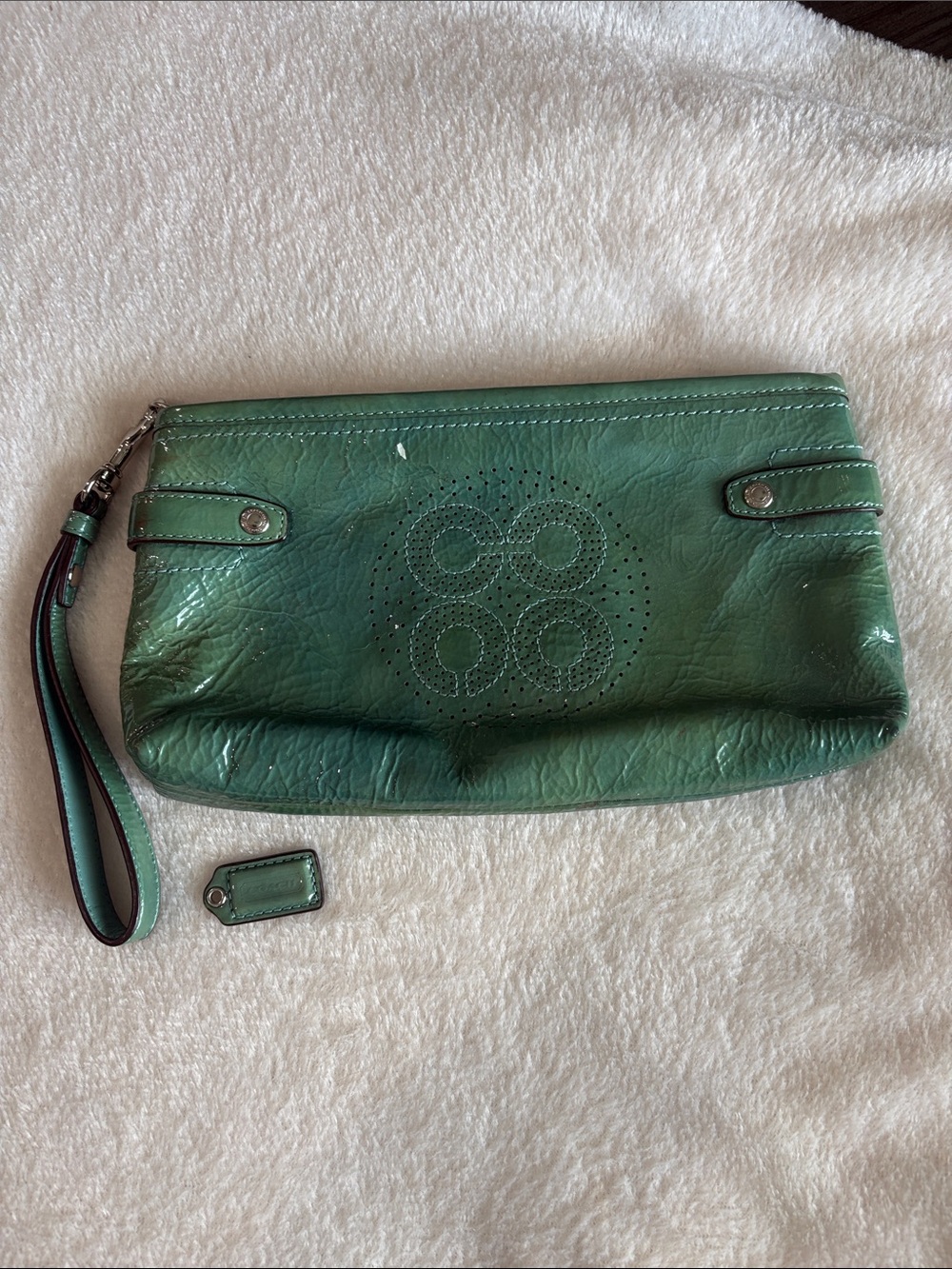 Coach Audrey Lagoon Teal Perforated Patent Leather Zip Wristlet
